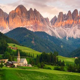 Santa Maddalena village in front of the Geisler or Odle Dolomites Group, Val di Funes, Val di Funes, Trentino Alto Adige, Italy, Europe.
